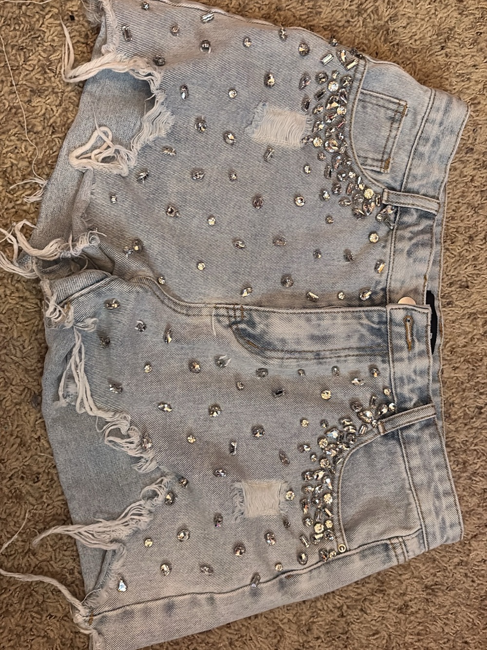 Light Wash Embellished Distressed Denim Shorts